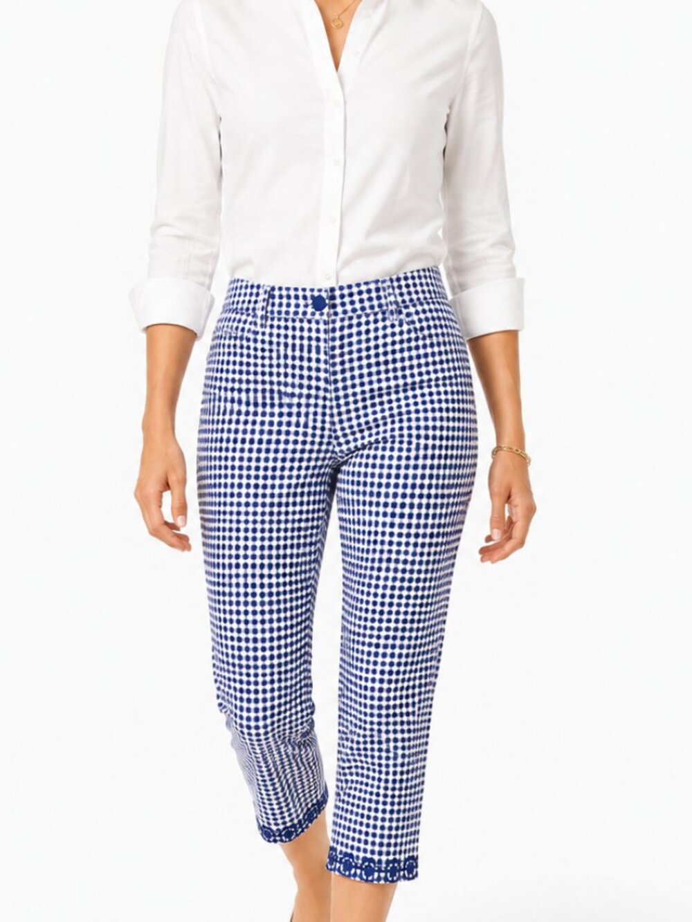Talbots Blue & White Gingham Plaid Embroidered Hem Coastal Cotton Capri [sz 6p]